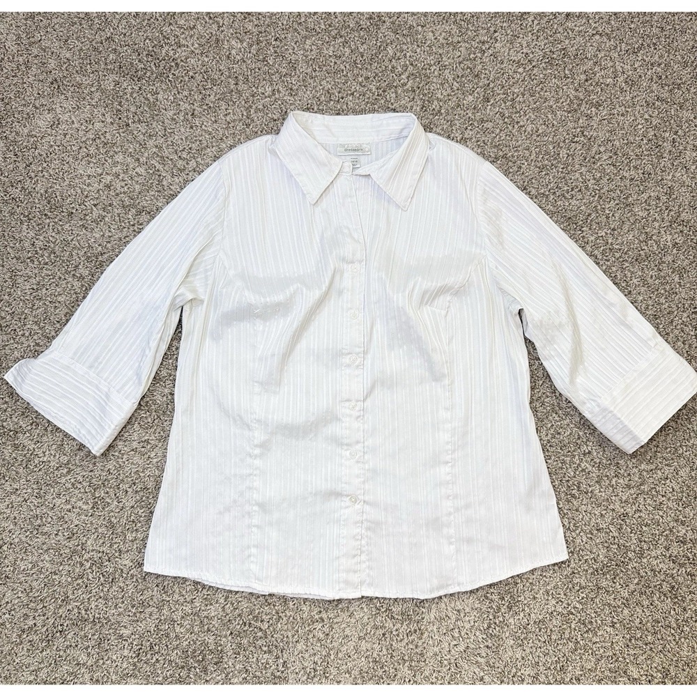 DressBarn Womens 14/16 White Textured Button Up Shirt Stretch Career Blouse 3/4‎